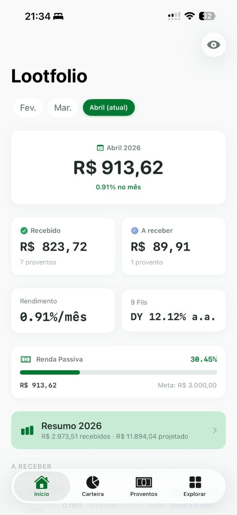 Tela inicial do Lootfolio com resumo de proventos recebidos no mês e no ano