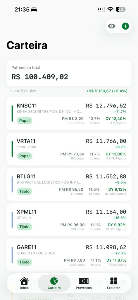 Tela de carteira com lista de FIIs, preço médio e valorização