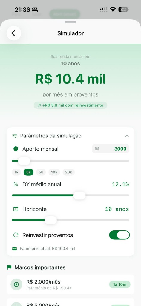 Tela do simulador de reinvestimento com marcos de renda passiva